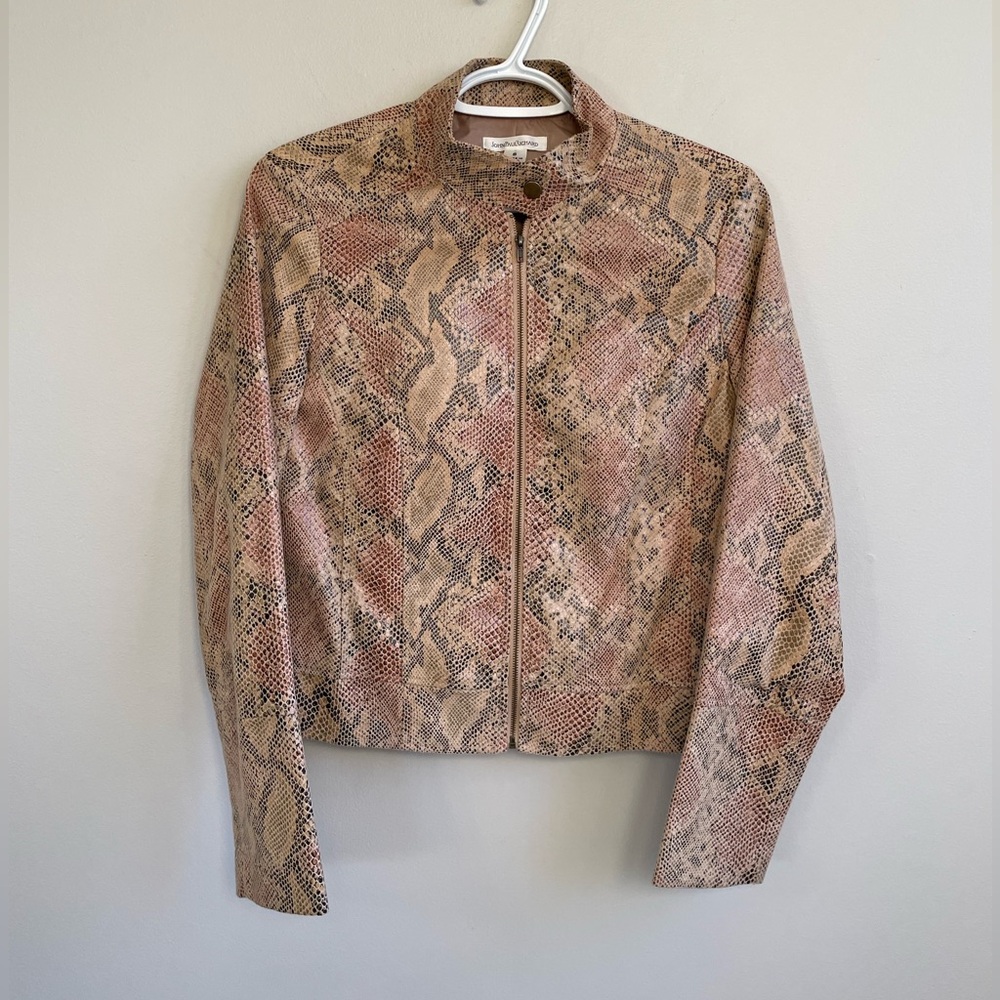 JOHNPAULRICHARD FAUX LEATHER SNAKESKIN MOTO JACKET BEIGE TAN RED BLACK NEUTRAL